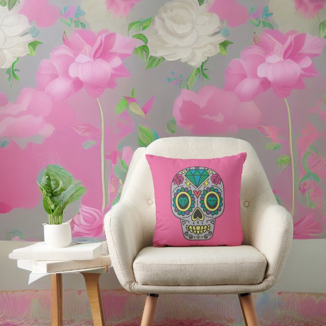Coussin Jour des Roses morts et crâne de cristal sur rose (Créateur téléchargé)