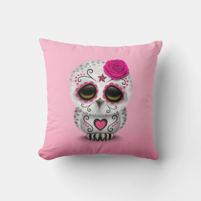 Coussin Jour rose mignon du hibou mort de crâne de sucre (Recto)