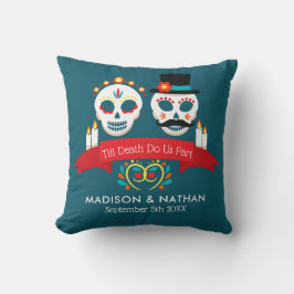 Coussin Jour turquoise du Mariage du nom du crâne de sucre