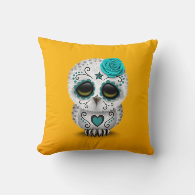 Coussin Jour turquoise mignon du jaune mort de hibou de (Recto)