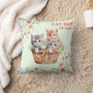 Coussin Journée internationale du chat aquarelle fleur sau