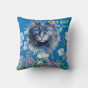 Coussin Journée internationale du chat aquarelle fleur sau