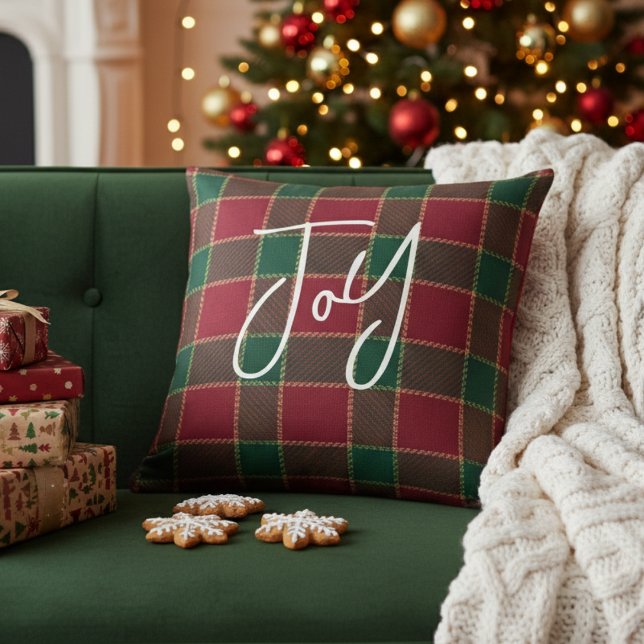 Coussin Joy Christmas Holiday Red & Green Tartan Pattern (Joy Christmas Holiday Red & Green Tartan Pattern Throw Pillow
)