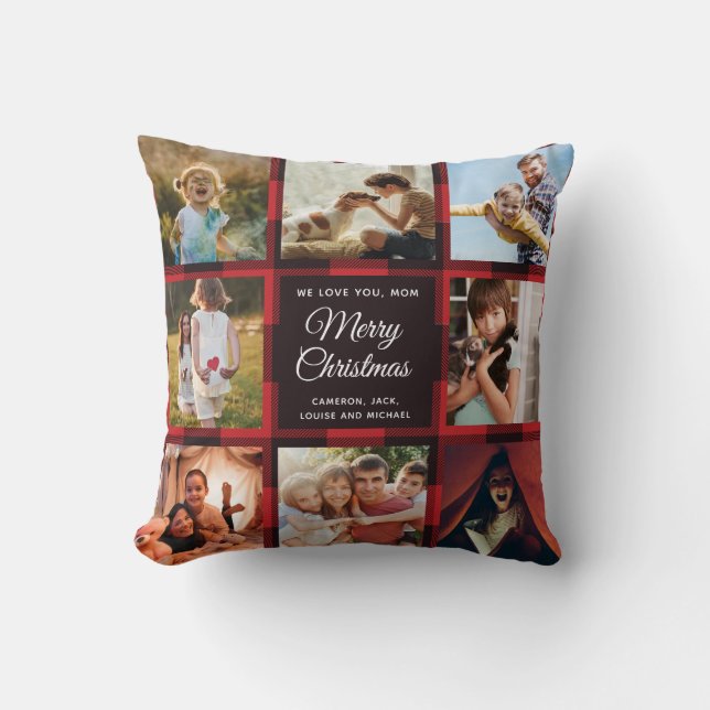 Coussin Joy Christmas Mom Red Plaid Family Photo Collage (Recto)