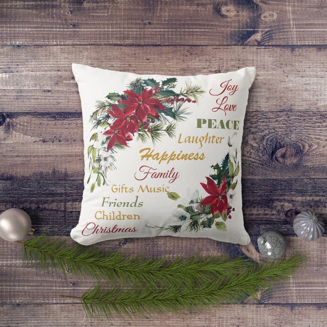 Coussin Joy Love Peace Poinsettia Noël (Créateur téléchargé)