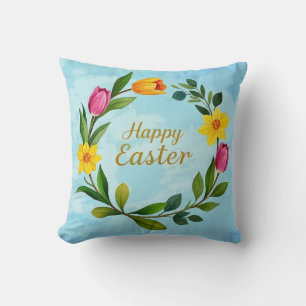 Coussin Joyeuse couronne d'aquarelle de Pâques tulipes
