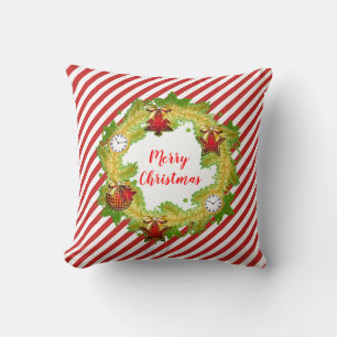 Coussin Joyeuse couronne et rayures de Noël