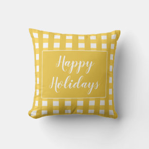 Coussin Joyeuses Fêtes à carreaux buffle blanc or
