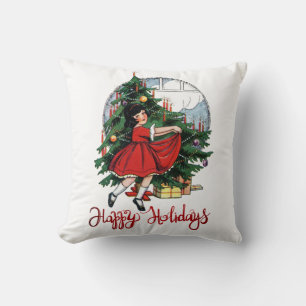 Coussin Joyeuses Fêtes, Petite Fille au Pin Vintage