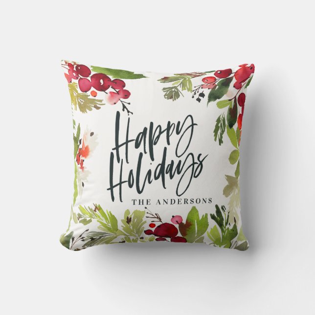 Coussin Joyeuses vacances aquarelle florale vacances (Recto)