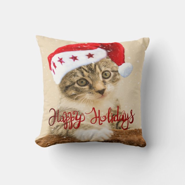 Coussin Joyeuses Vacances, Chat Avec Santa Hat (Recto)