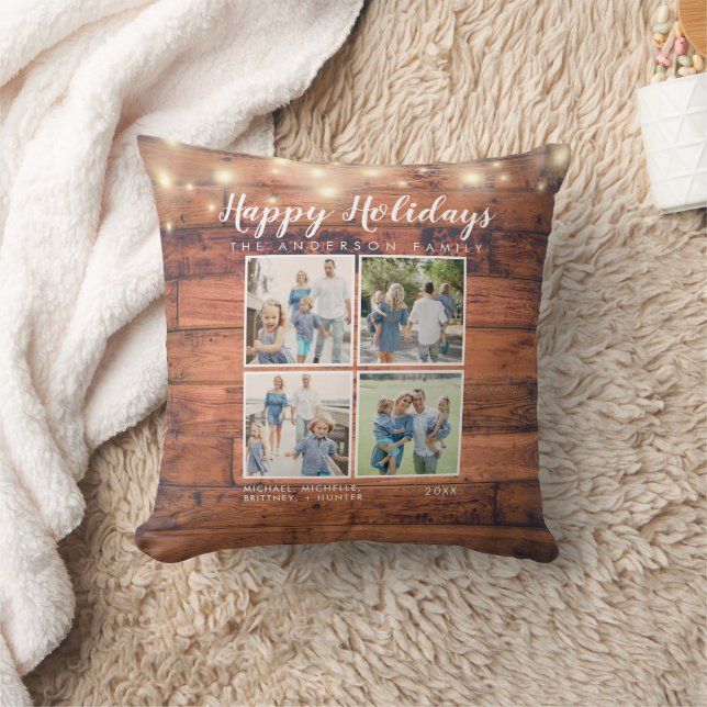 Coussin Joyeuses vacances Rustique Bois Chaîne Lumières Ph (Couverture)