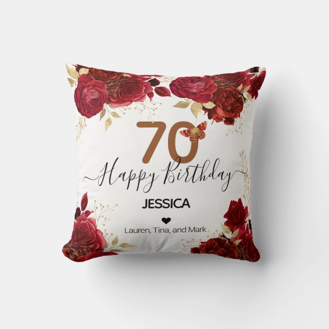 Coussin Joyeux anniversaire 70 Roses floraux Personnalisé (Recto)
