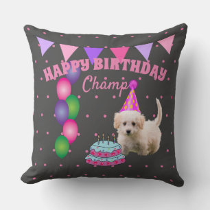 Coussin Joyeux Anniversaire chien mignon avec pois de gâte