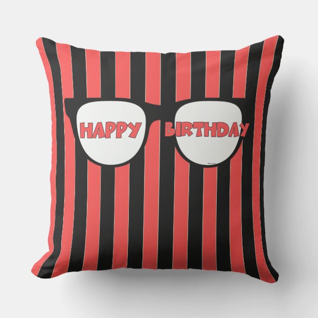 Coussin Joyeux Anniversaire noir rayures (Recto)