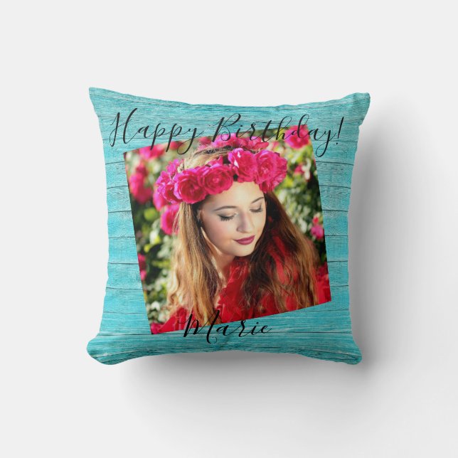 Coussin Joyeux Anniversaire Photo Rustique Bleu Bois Jetan (Recto)