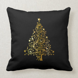 Coussin Joyeux Arbre de Noël Etoiles Noir Or brillant Chic
