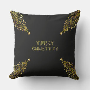 Coussin Joyeux Arbres de Noël Étoiles Black Or brillant Ch