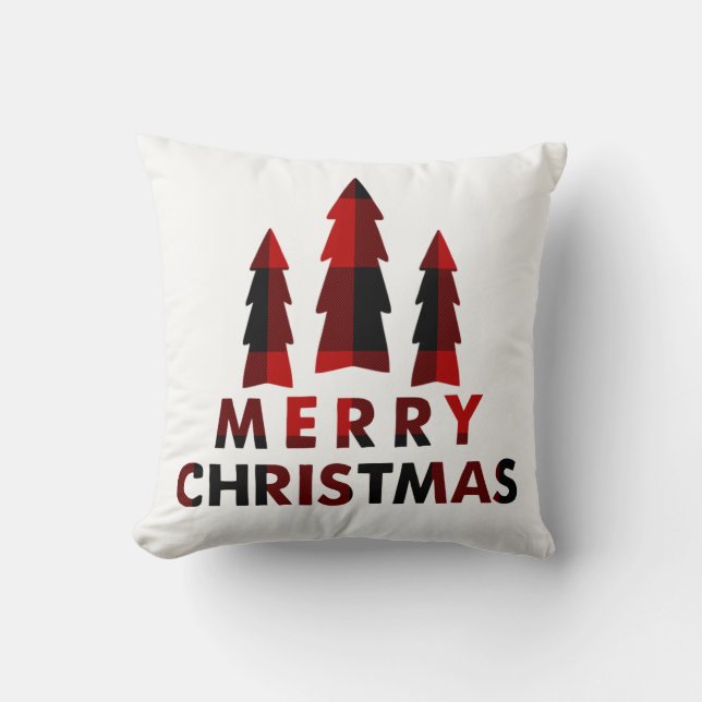 Coussin Joyeux Arbres de Noël Rustiques Buffalo Rouge Plai (Recto)