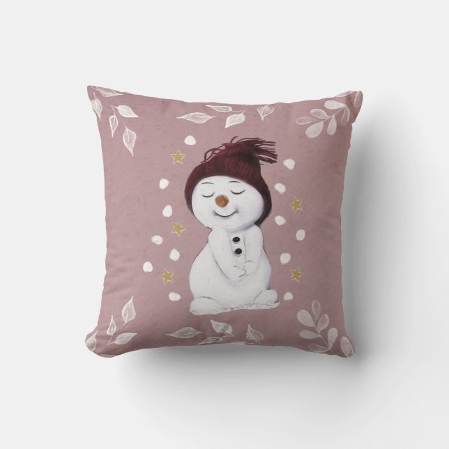 Coussin Joyeux bonhomme de neige rose Noël (Recto)