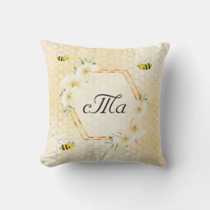 Coussin Joyeux bosse abeilles jaune nid d'abeille monogram