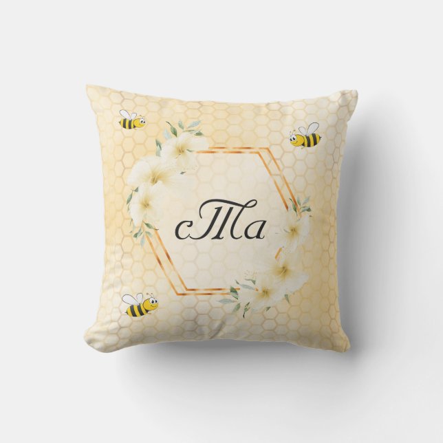 Coussin Joyeux bosse abeilles jaune nid d'abeille monogram (Recto)