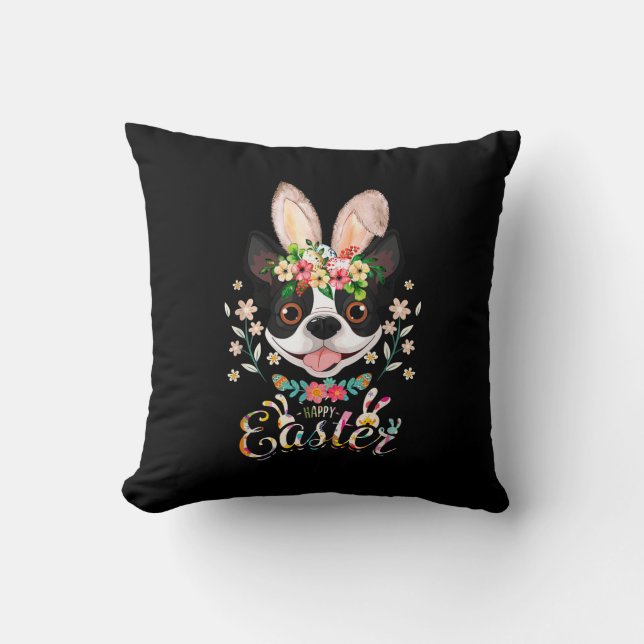 Coussin Joyeux Bunny Pâques Boston Terrier Amateurs Avec E (Recto)