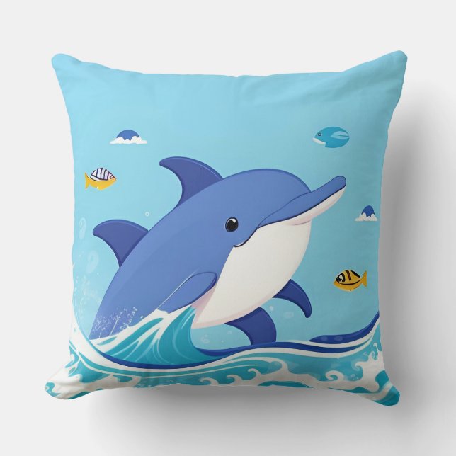 Coussin Joyeux Dauphin de dessin nager dans l'eau bleue (Recto)
