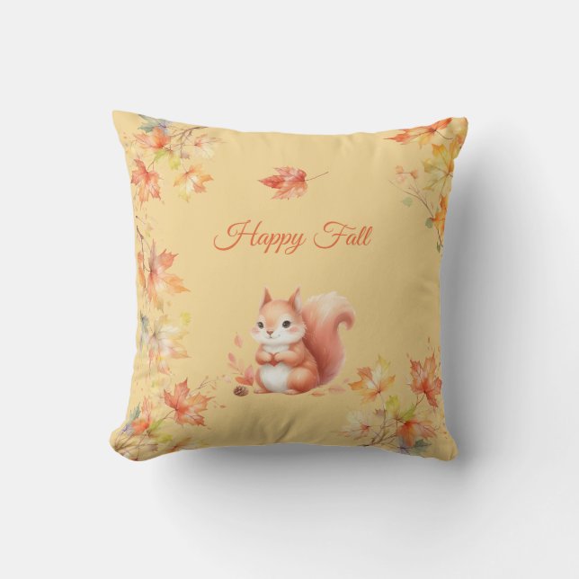 Coussin Joyeux écureuil d'automne en Feuille (Recto)