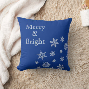 Coussin Joyeux flocons de neige brillants Noël bleu