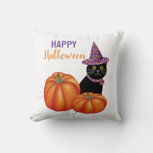 Coussin Joyeux Halloween Chat Noir et Citrouilles Décorati