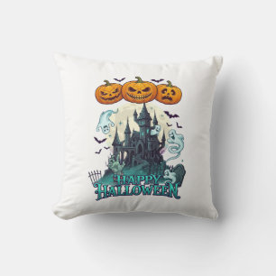 Coussin Joyeux Halloween Château Hanté Citrouilles Fantôme