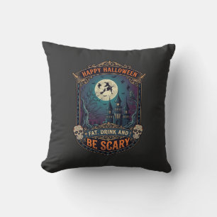 Coussin Joyeux Halloween Sorcière Château Crânes Gras Boir