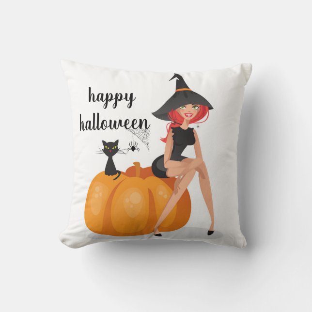 Coussin Joyeux Halloween Spider Web Witch Citrouille Chat (Recto)