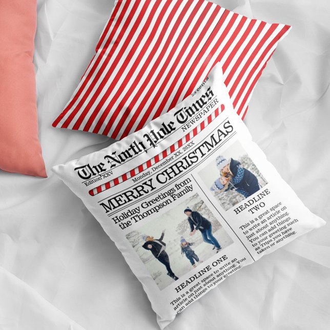 Coussin Joyeux journal personnalisé de Noël (Christmas cute whimsical newspaper print photo throw pillow.)
