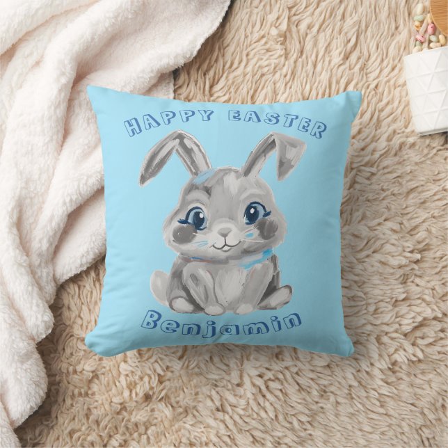 Coussin Joyeux lapin gris pâle de Pâques Nom bleu (Couverture)