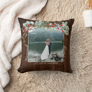 Coussin Joyeux Marié Vert Aquarelle Photo Bois foncé