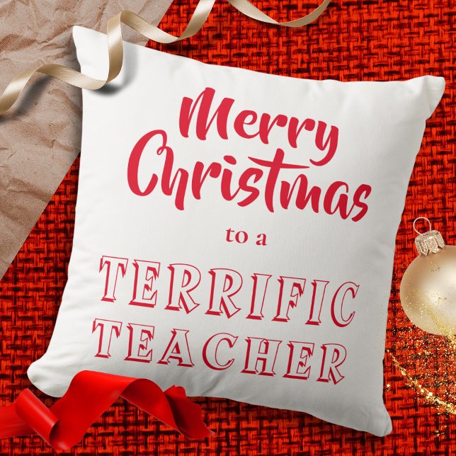 Coussin Joyeux Noël à un enseignant brillant Rouge Blanc (A festive red and white throw pillow cushion, with the words 'Merry Christmas to a Terrific Teacher')
