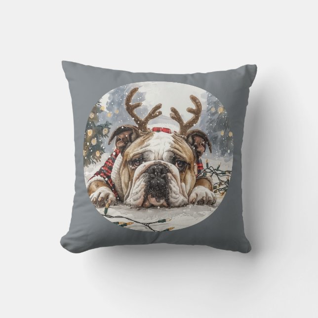 Coussin Joyeux Noël anglais Bulldog Reindeer (Recto)