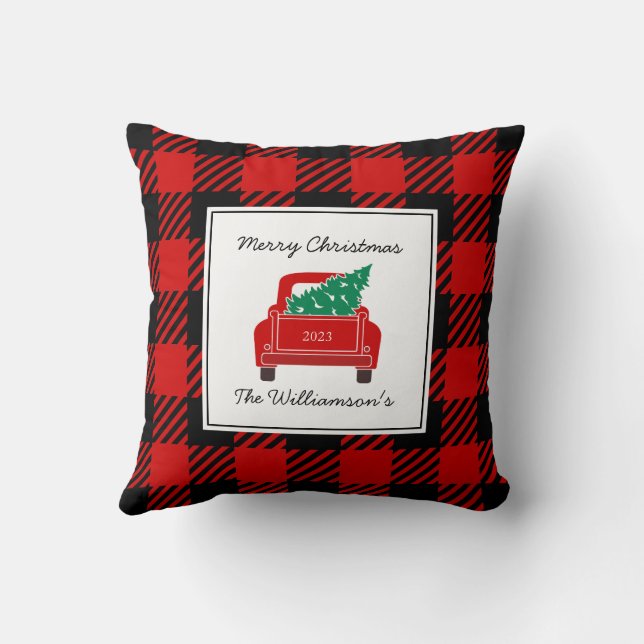 Coussin Joyeux Noël Année Nom Camion Rouge Arbre Festif (Verso)