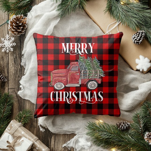 Coussin Joyeux Noël Aquarelle Camion Buffalo Plaid (Créateur téléchargé)