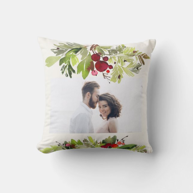 Coussin Joyeux Noël aquarelle feuillage de vacances (Recto)