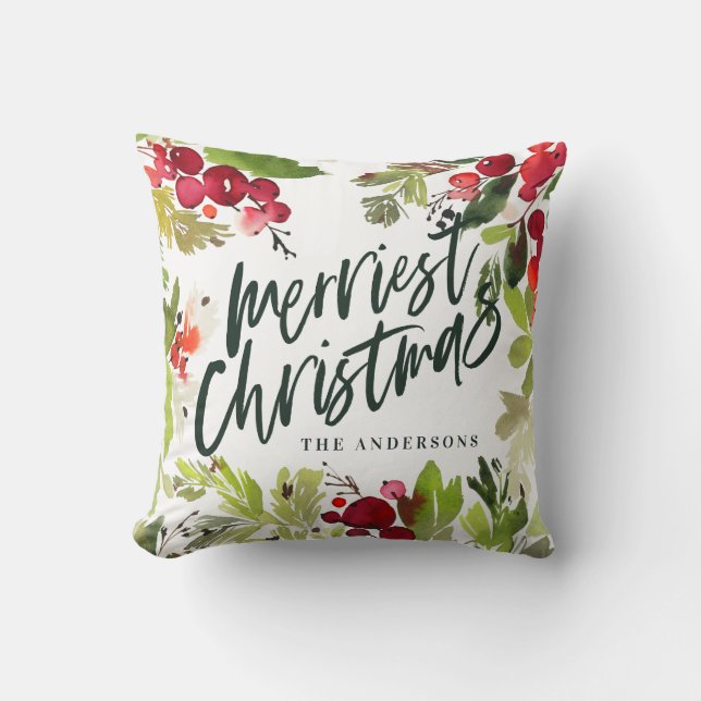 Coussin Joyeux Noël aquarelle florale vacances (Recto)