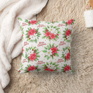 Coussin Joyeux Noël au poinsettia aquarelle élégant