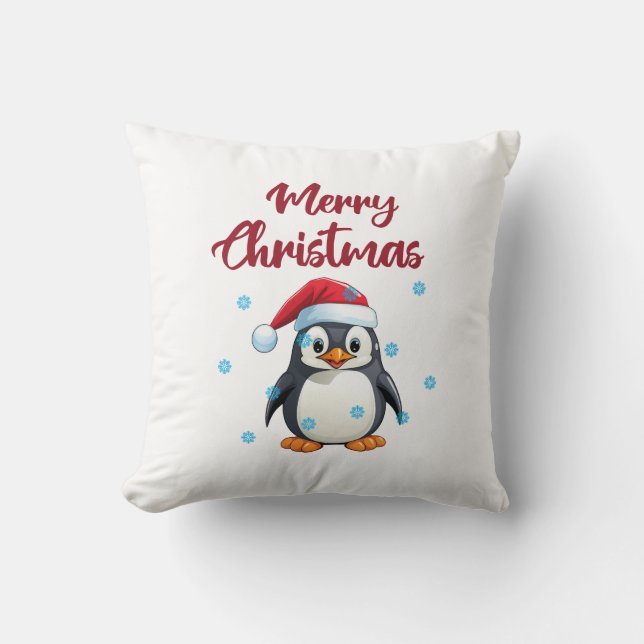 Coussin "Joyeux Noël" avec un mignon pingouin (Recto)