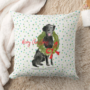 Coussin Joyeux Noël Black Lab Chien Wreath Holly Famille