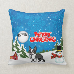 Coussin Joyeux Noël Boston Terrier avec un bonhomme de