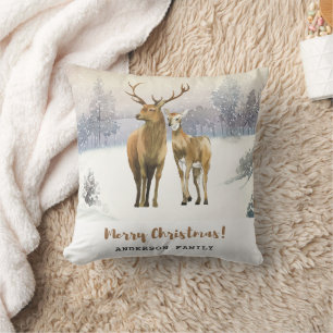 Coussin Joyeux Noël Buck and Doe Deer Winter Scene