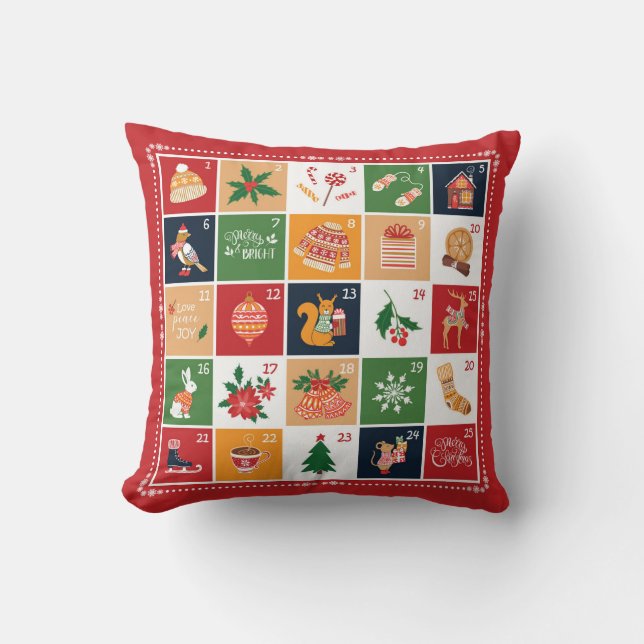 Coussin Joyeux Noël Calendrier de l'Avent Poinsettia Rouge (Recto)