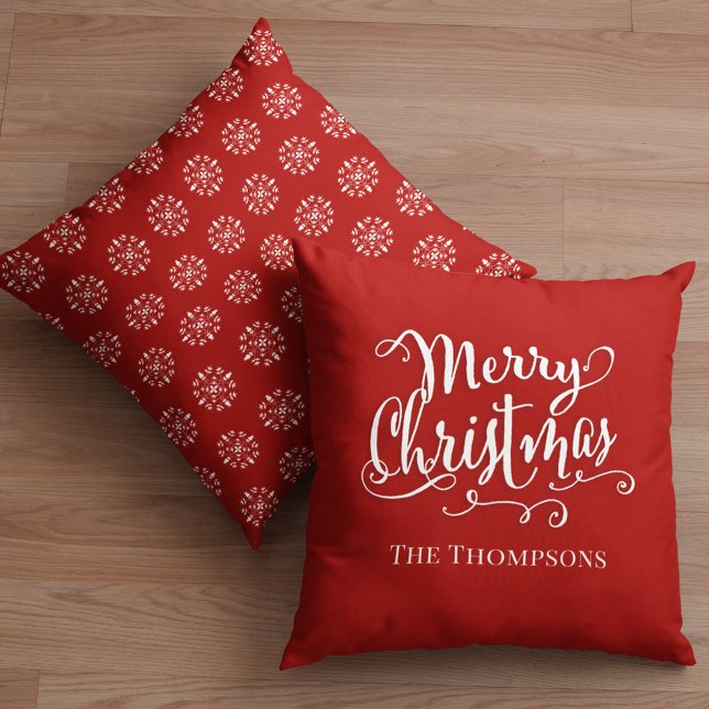 Coussin Joyeux Noël Calligraphie Script Red Snowflake (Merry Christmas holiday white calligraphy script holiday pattern throw pillow)